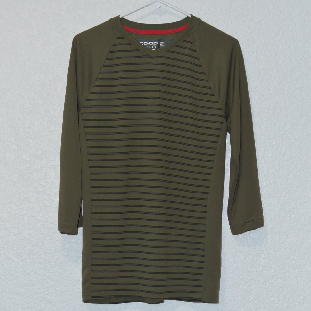 Mens Coop Cycles Green Striped Athletic Shirt Size S (100% polyester)